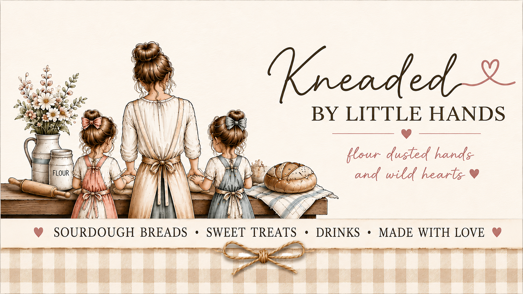 A mother and her two daughters baking sourdough together — the heart of Kneaded by Little Hands
