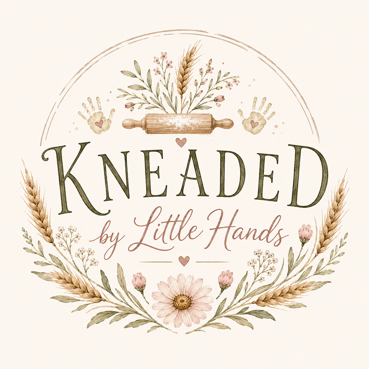 Kneaded by Little Hands logo — watercolor wheat, flowers, and handprints around a rolling pin